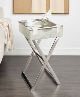 19" x 19" x 25" Leather Geometric Tray Table Inspired Silver-Tone Metal Base and Handles Accent Table