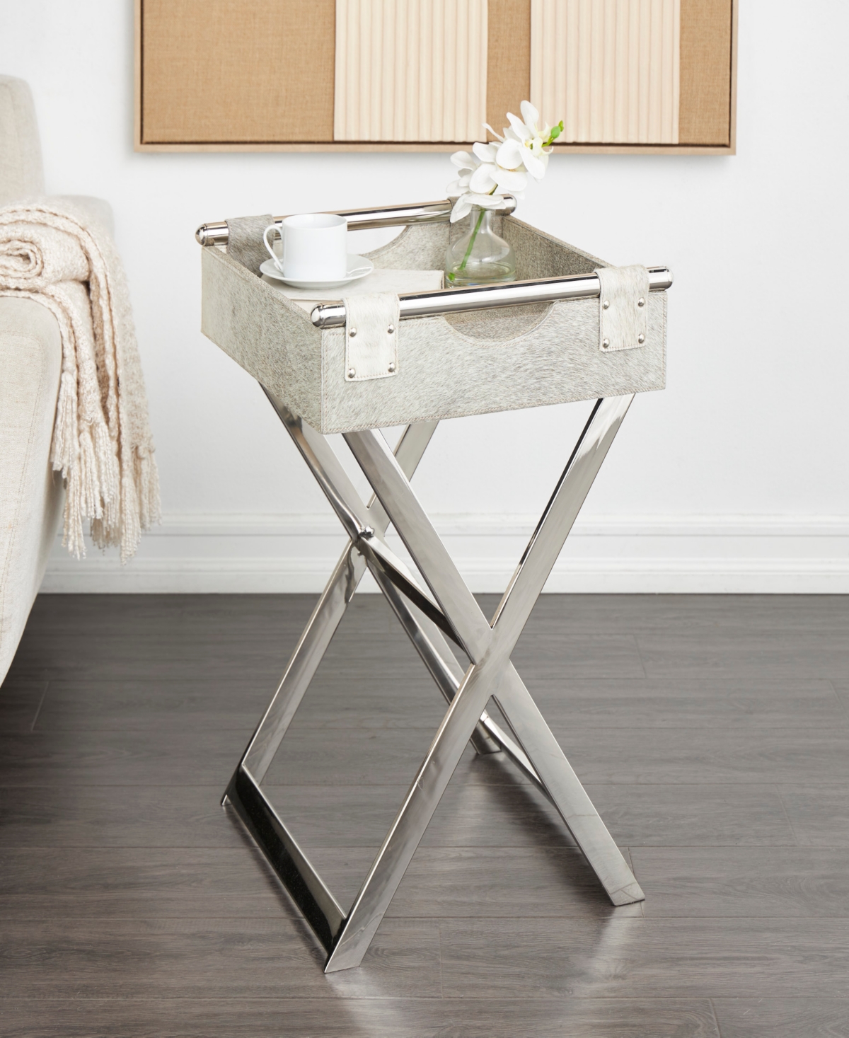 Rosemary Lane 19" X 19" X 25" Leather Geometric Tray Table Inspired Silver-tone Metal Base And Handles Accent Tabl In Gray