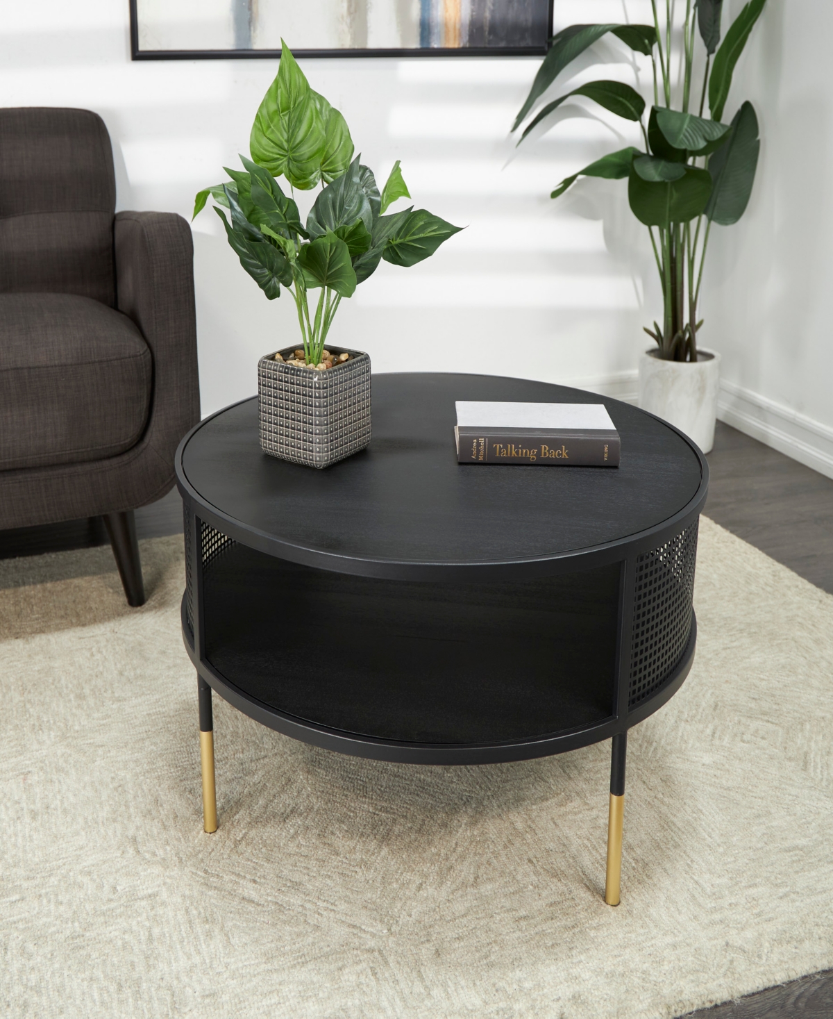 Rosemary Lane 32" X 32" X 17" Metal Geometric Open Grid Frame 1 Shelf Gold-tone Legs Coffee Table In Black
