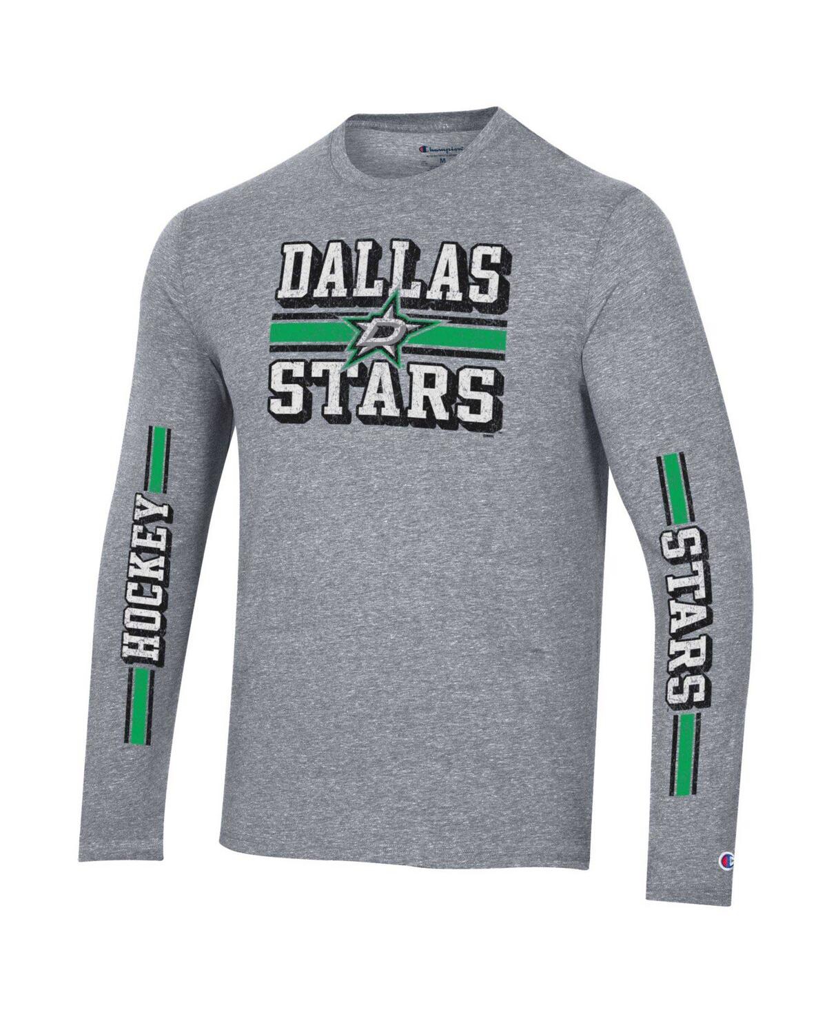 Shop Champion Men's  Heather Gray Distressed Dallas Stars Tri-blend Dual-stripe Long Sleeve T-shirt