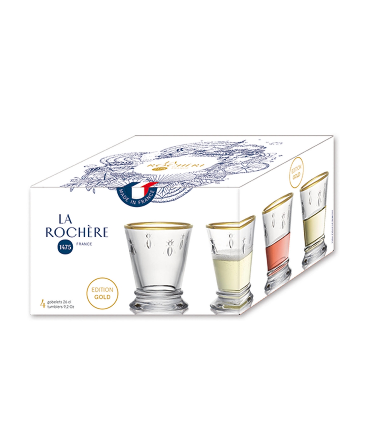 La Rochere Gold Rimmed Napoleon Bee oz. Tumbler, Set of 4 - Clear with Gold Toned Rim