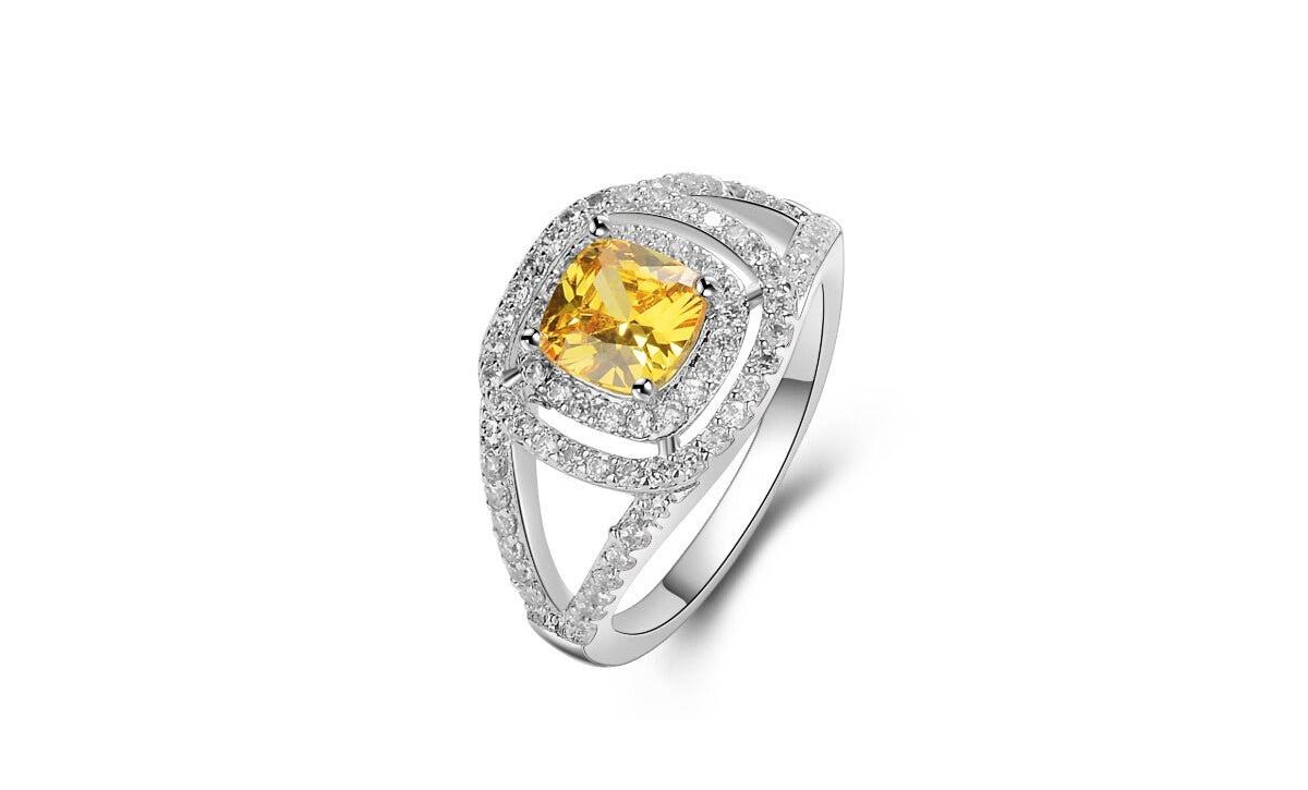 Citrine Ring for Women with Crystal Accent Stones - Silver