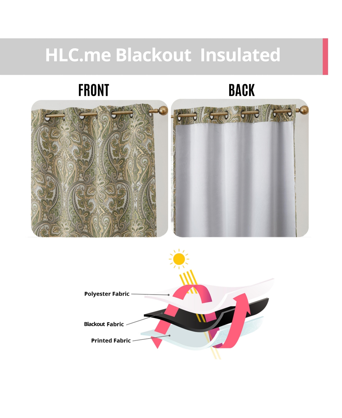 Hlc.me Paris Paisley Decorative Print Damask Pattern Light Reducing Filtering Grommet Window Curtain Panels, Set of 2 (Sage green