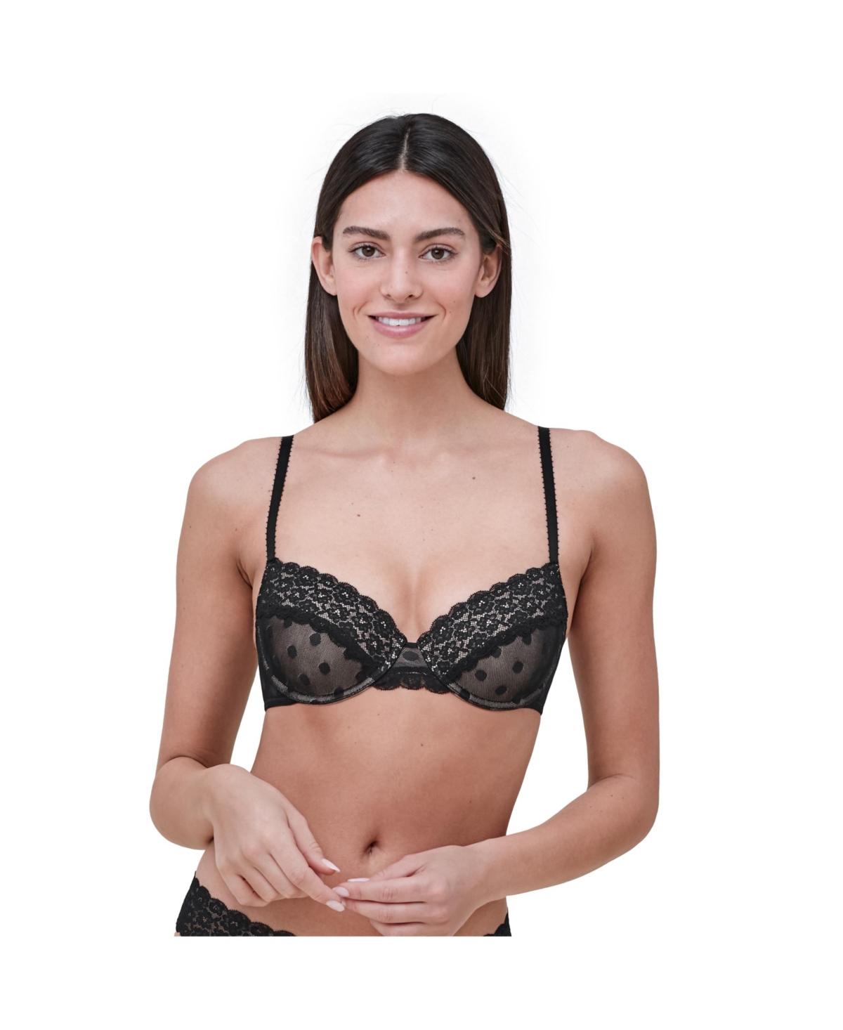 SKARLETT BLUE DNU WOMEN'S DARE FULLY ADJUSTABLE COMFORTABLE EVERYDAY DEMI T SHIRT BRA WITH DOTTED STRETCH LACE AND