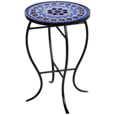 Modern Black Round Outdoor Accent Side Table 14" Wide Light Blue Mosaic Tabletop Front Porch Patio Home House Balcony