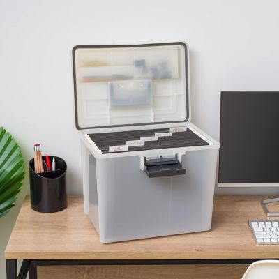 USA 19 Qt. WEATHERPRO Plastic Office Storage Portable Letter Size File Box with Organizer-Lid and Seal and Secure Latching Buckles, Clear