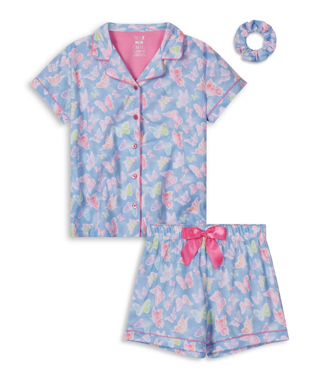 Shop Max & Olivia Girls Soft Jersey Fabric Shorts Pajama Set With Scrunchie, 3 Piece In Blue