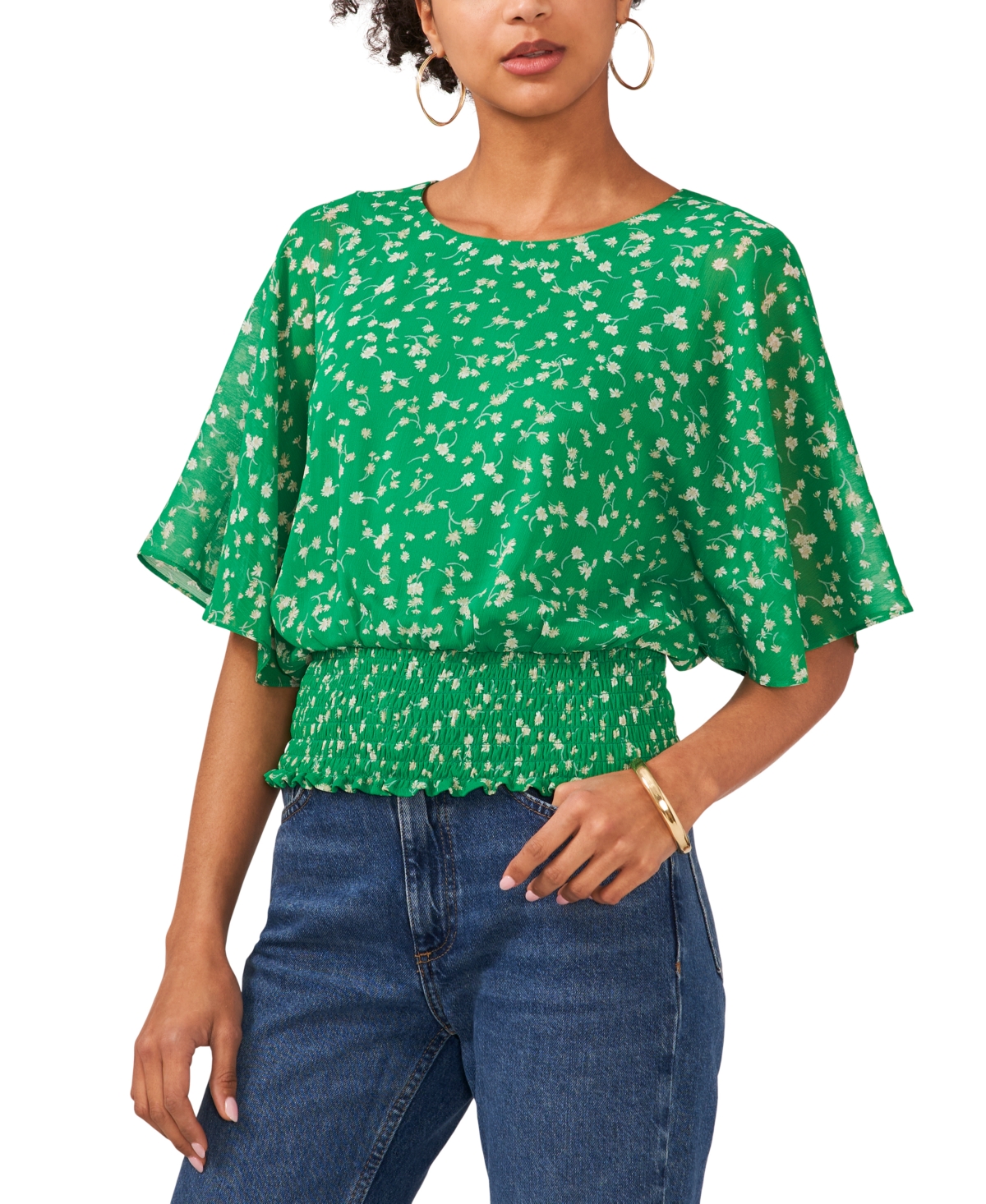 Shop Sam & Jess Petite Printed Smocked-waist Dolman-sleeve Top In Green Ditsy