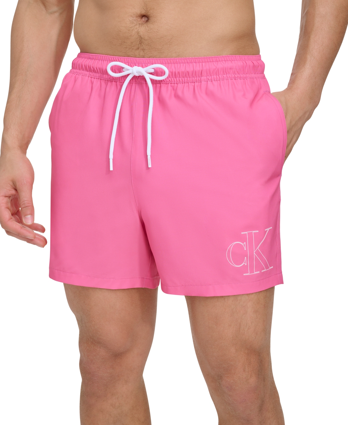 Shop Calvin Klein Men's Outline Logo Modern Euro 5" Volley Swim Trunks In Pink