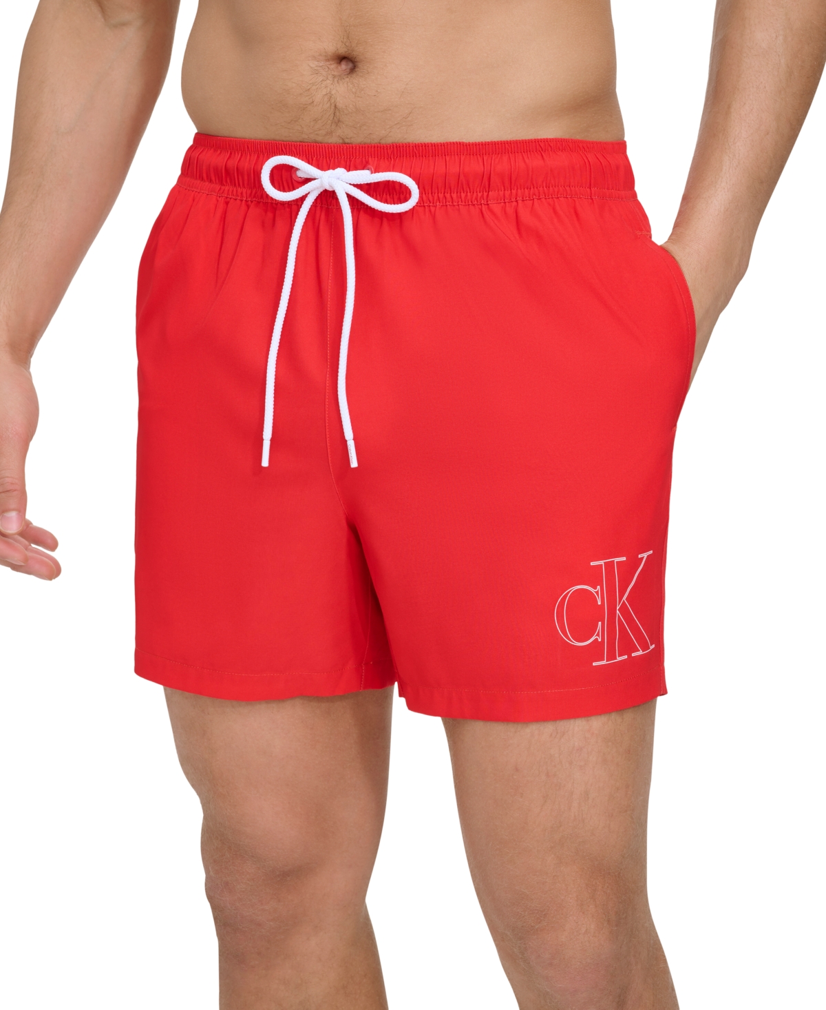 Shop Calvin Klein Men's Outline Logo Modern Euro 5" Volley Swim Trunks In Red