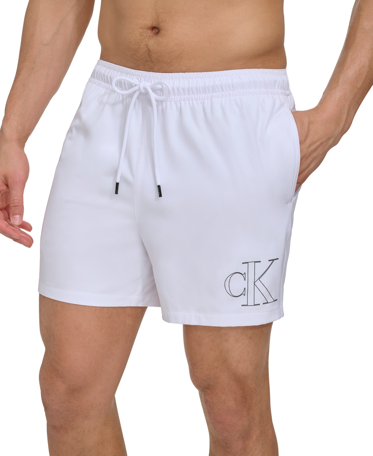 Shop Calvin Klein Men's Outline Logo Modern Euro 5" Volley Swim Trunks In White