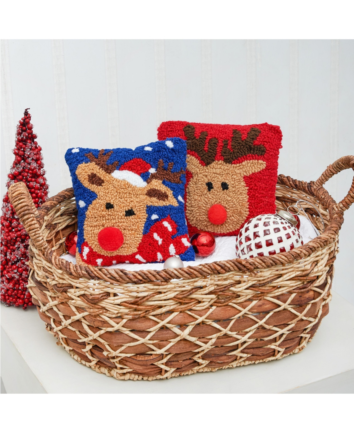 8" x 8" Reindeer Games Reindeer with Red Nose on Red Background Petite Accent Hooked Christmas Pillow