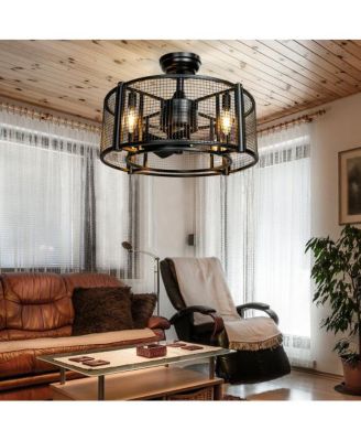 20 Inch Caged Bladeless Ceiling Fan with Light Reversible Motor and Remote Control-Black