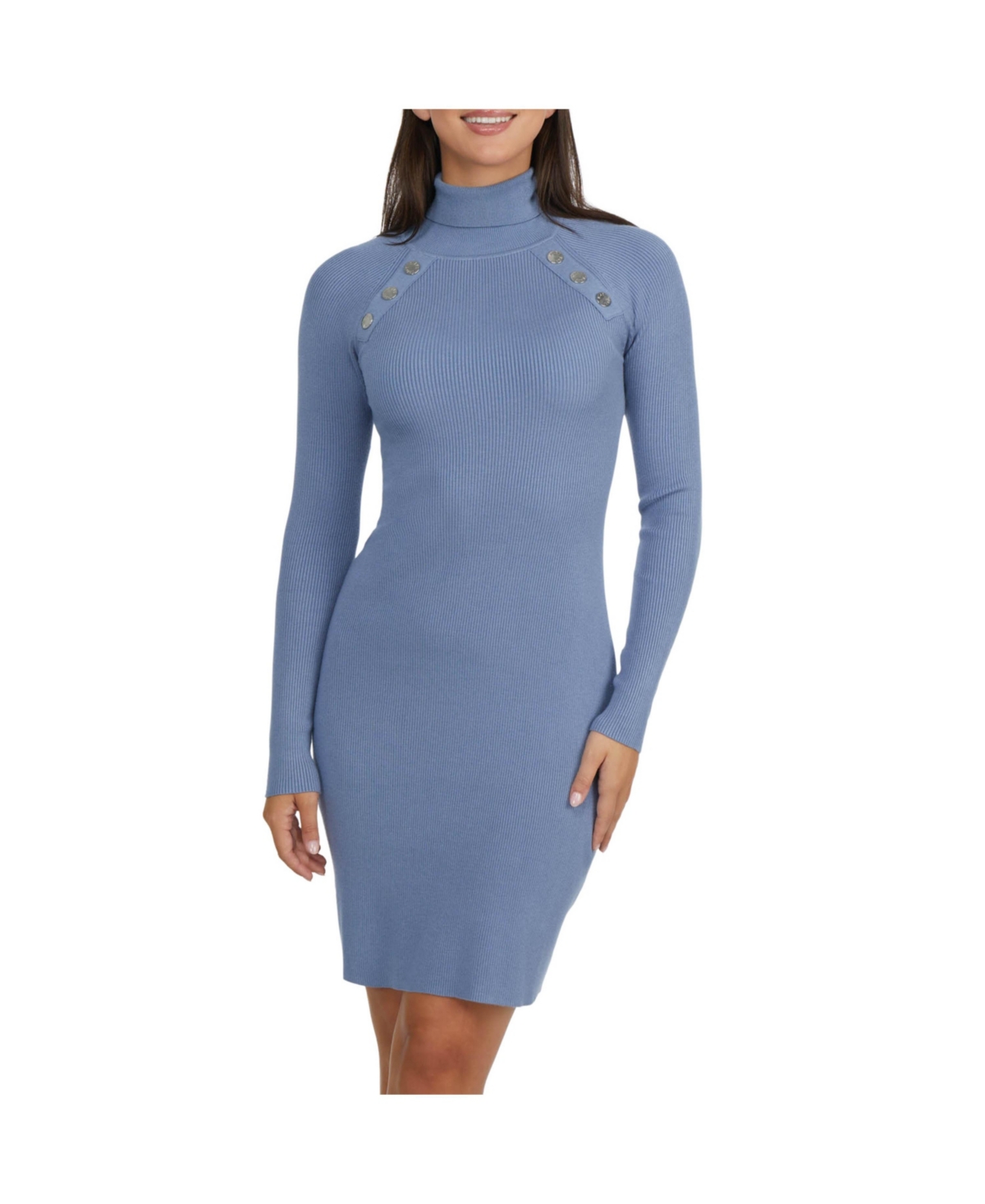 Women's Rib Sweater Dress with a Snap Detail - Dusk blue