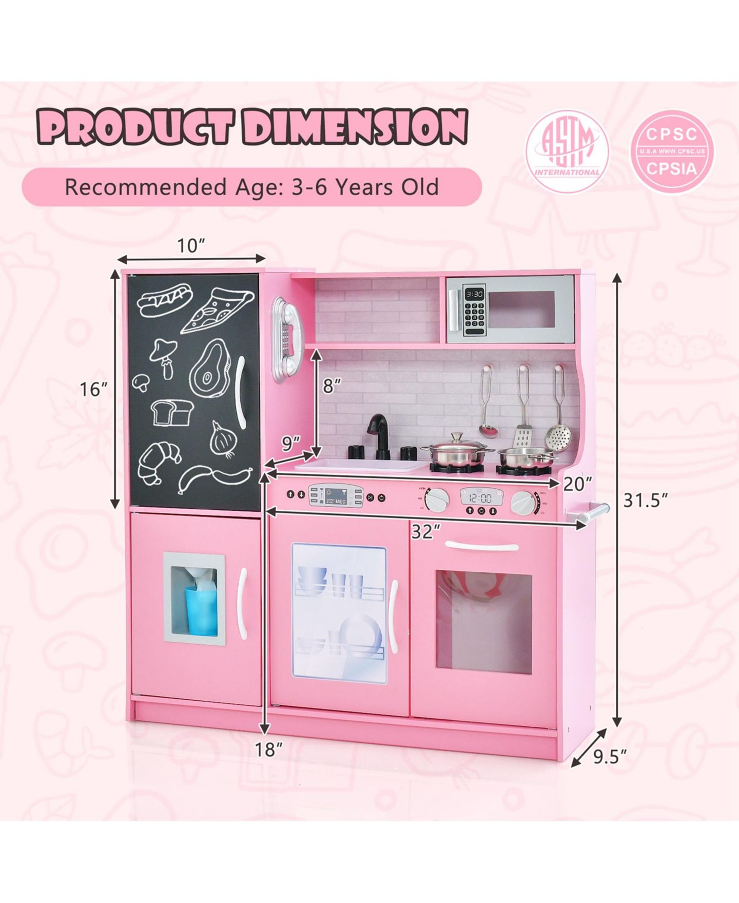 Детские игрушки Costway Blackboard 11-Piece Pretend Play Kitchen, Ages 3+, цвет: Розовый — фото 2