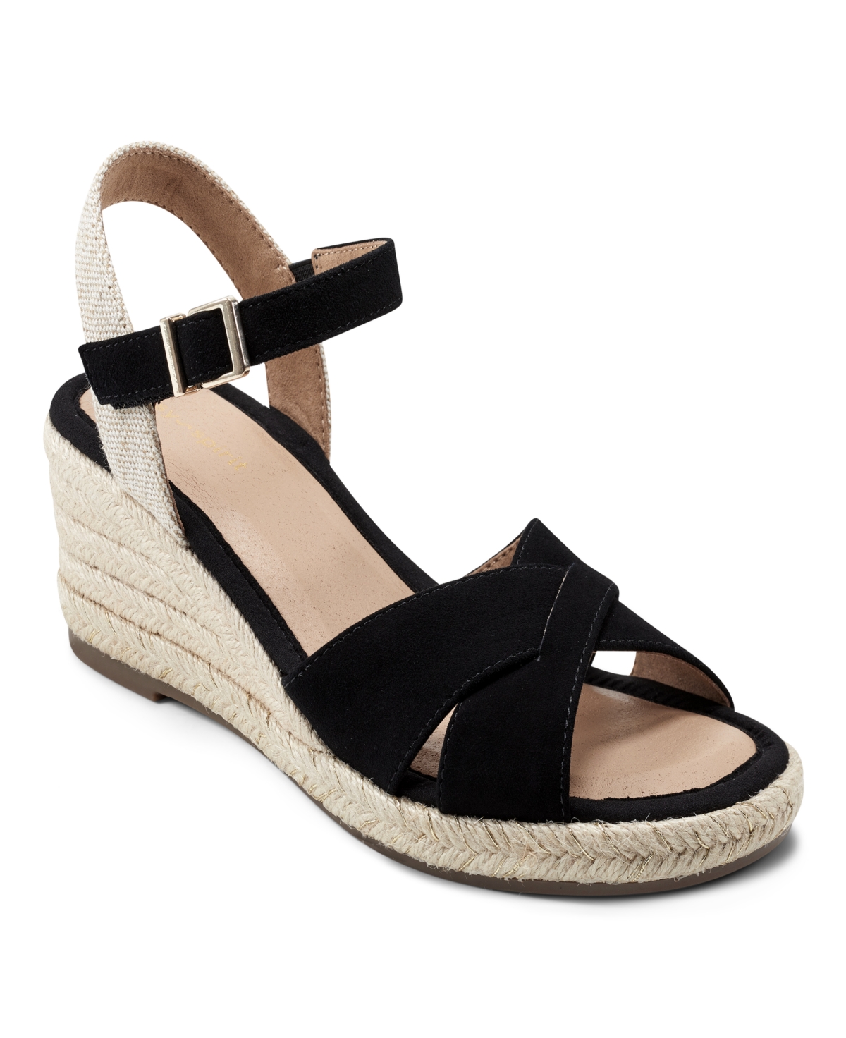 Shop Easy Spirit Women's Shandra Ankle Strap Round Toe Wedge Sandals In Black- Suede And Textile