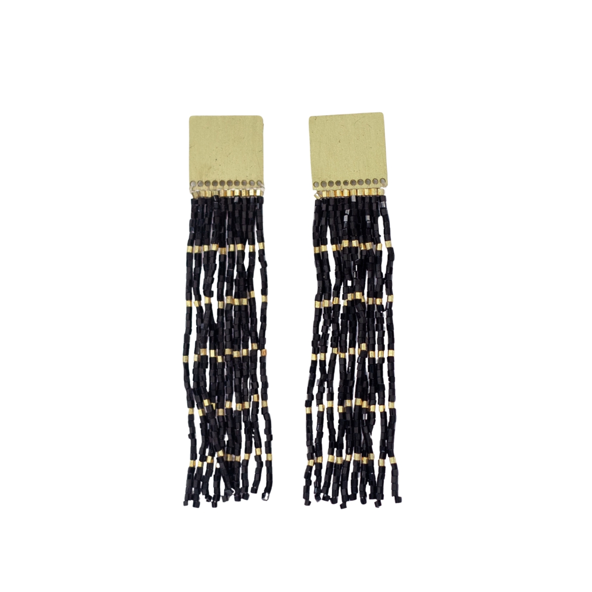 Harlow Brass Top Solid With Gold Stripe Beaded Fringe Earrings - White