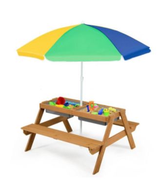 3-in-1 Kids Outdoor Picnic Water Sand Table with Umbrella Play Boxes