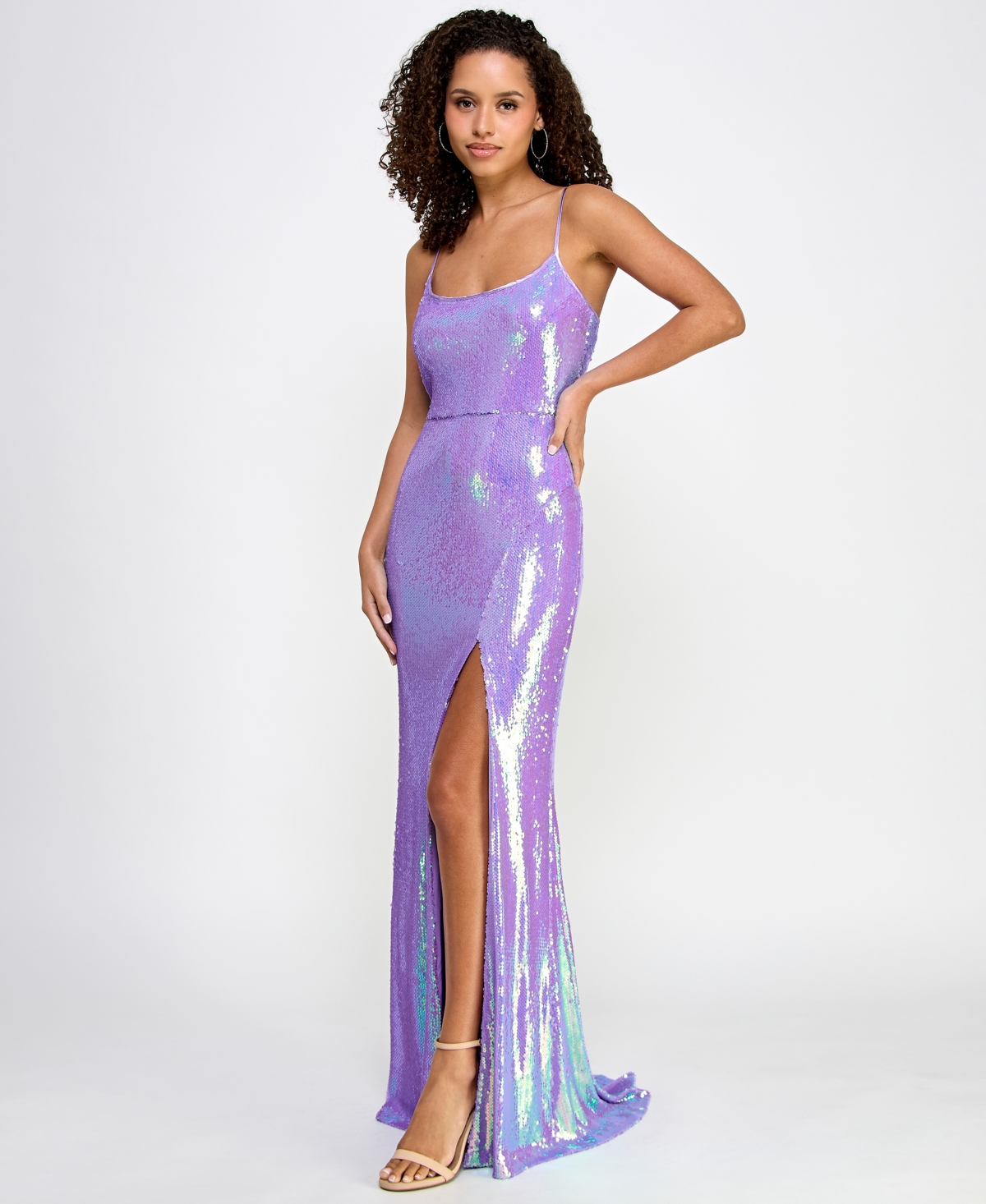 Shop Crystal Doll Juniors' Sequin Scoop-neck Strappy Gown In Lavenvder