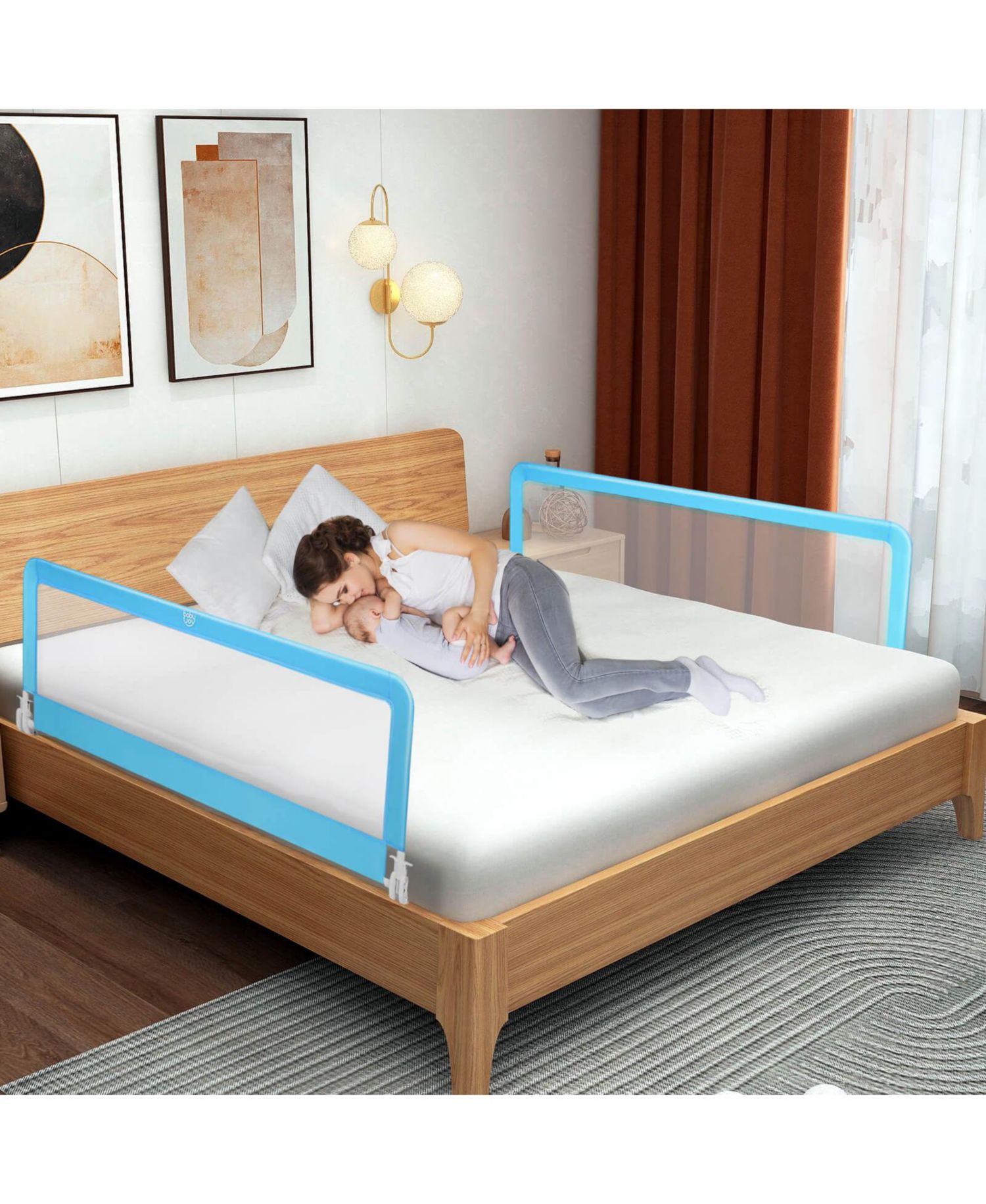 59 Inch Toddler Bed Rail with Safety Strap and Fold Down Mesh Guard