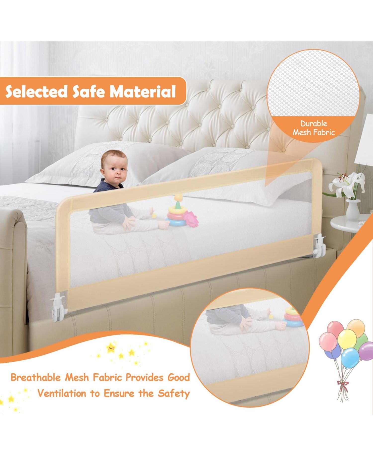 59 Inch Toddler Bed Rail with Safety Strap and Fold Down Mesh Guard