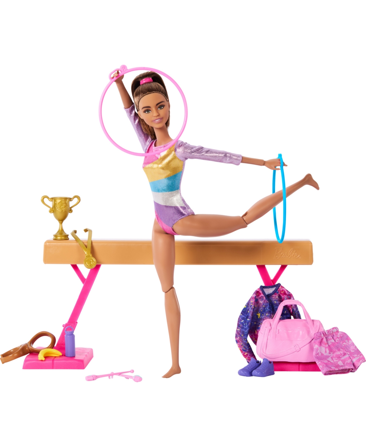 Barbie Kids' Gymnastics Play Set With Brunette Fashion Doll, Balance Beam, 10 Plus Accessories And Flip Feature In Pink