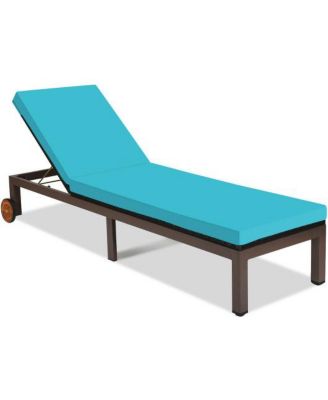 Outdoor Chaise Lounge Recliner Wicker Chair with 5 Position Backrest Wheels