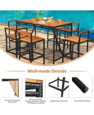7 Pieces Acacia Wood Patio Rattan Bar Set with Umbrella Hole