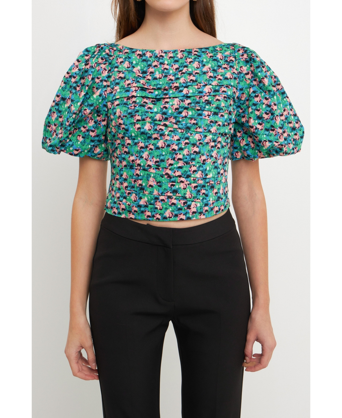 Endless Rose Floral Print Gathered Puff Sleeve Cotton Poplin Blouse In Aqua Multi