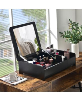 Compact Bay Window Makeup Dressing Table with Flip-Top Mirror