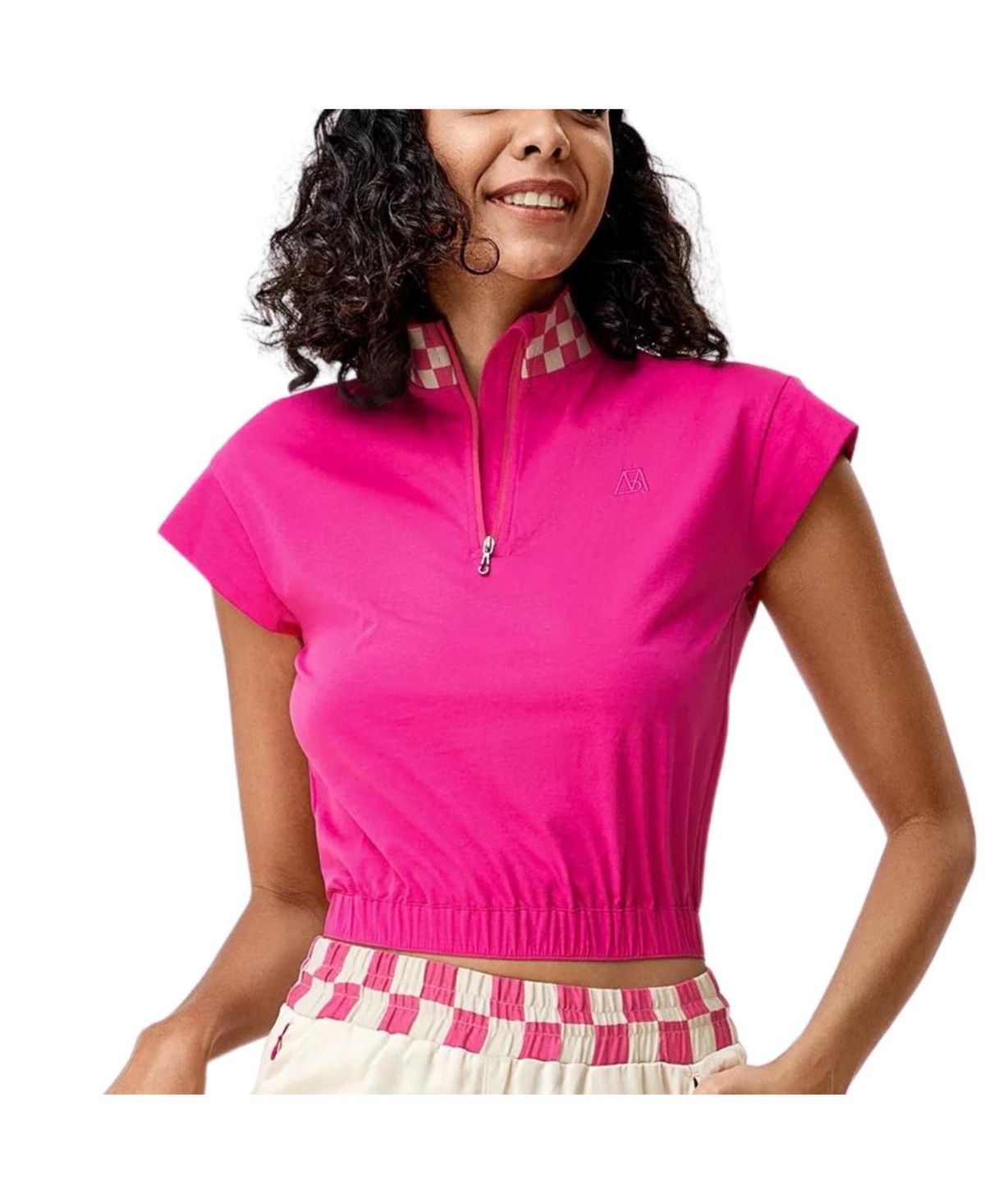 Belle mere Women's Checkered Chic Half-Zip Crop Top - Pink