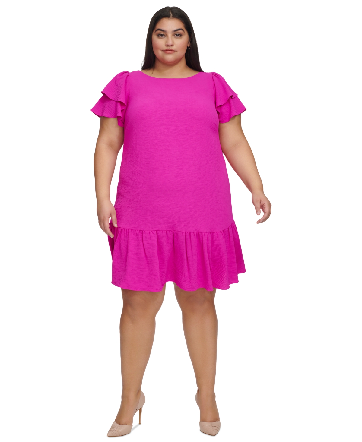 Plus Size Ruffle Flutter-Sleeve Boat-Neck Dress - Power Pink