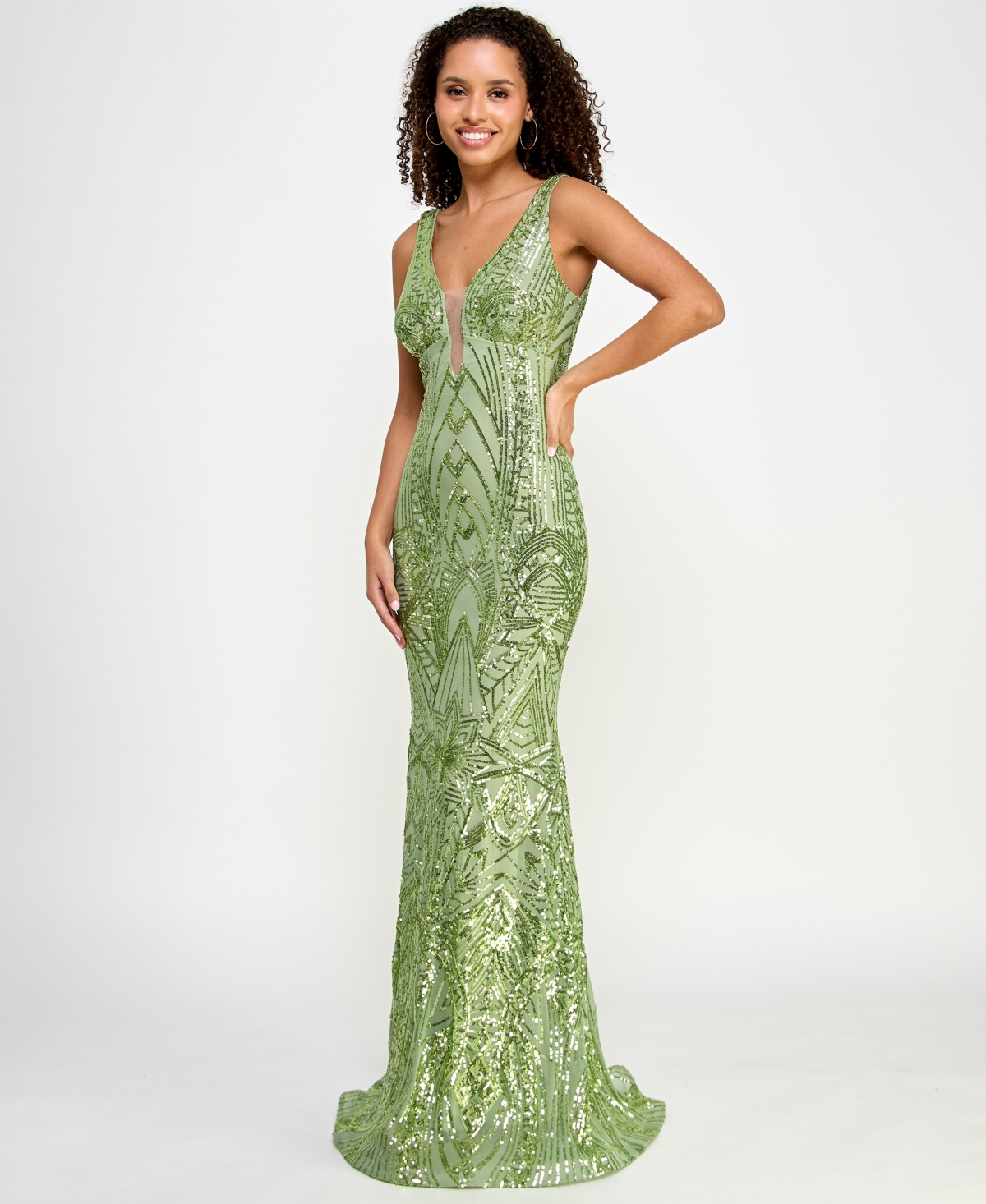 Shop Morgan & Company Juniors' Deep-v Illusion Sequin Gown In Lime