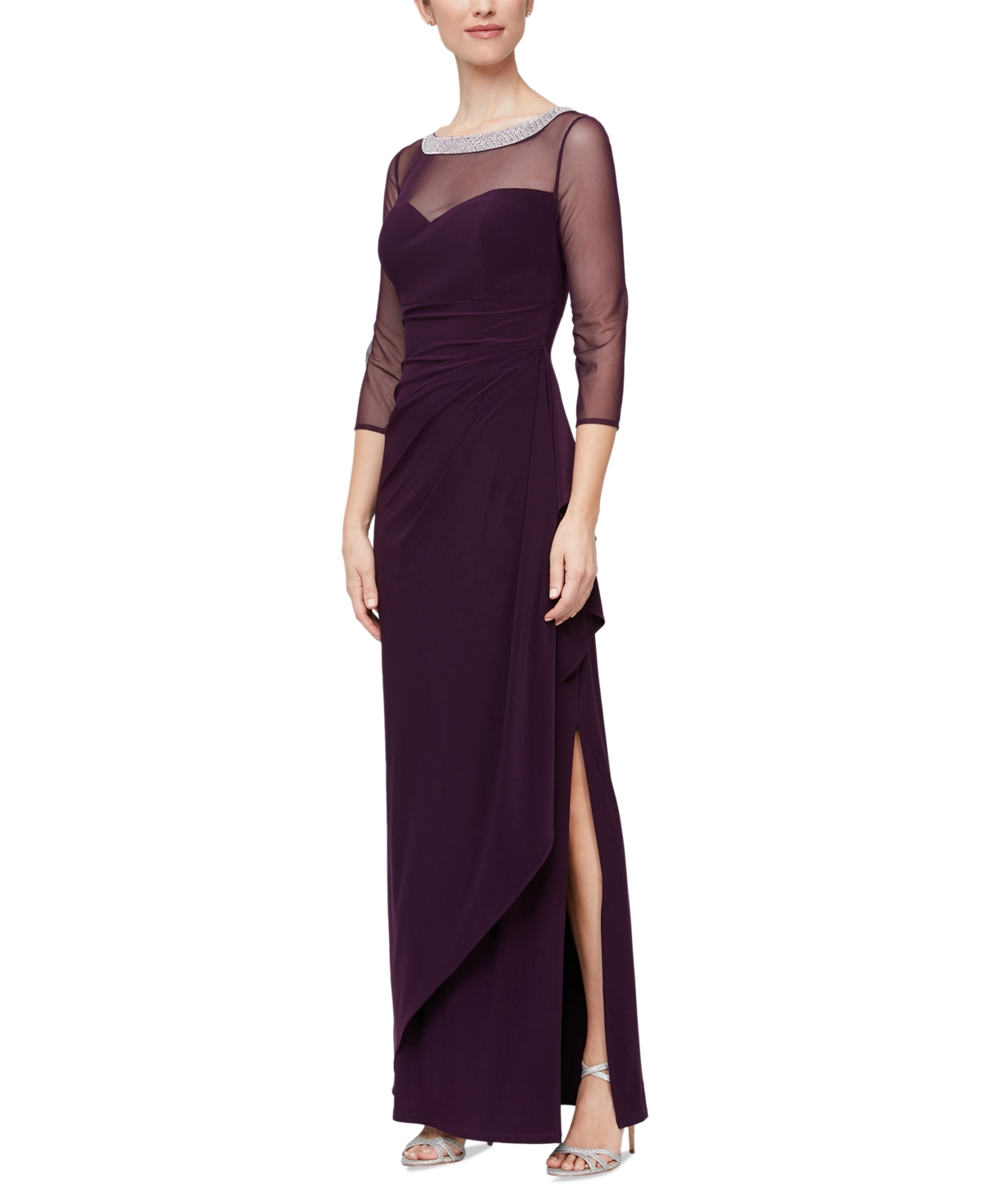 Shop Alex Evenings Women's Embellished-neck Side-ruched Illusion Dress In Eggplant