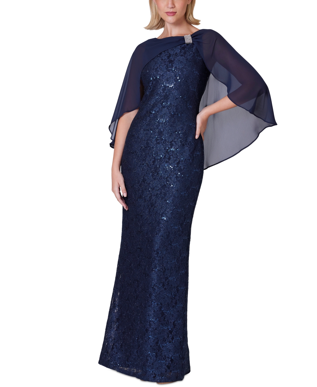 Women's Chiffon Capelet Lace Gown - Navy