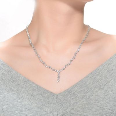 Sterling Silver with White Gold Plated Clear Princess Cubic Zirconia ZigZag Style Necklace