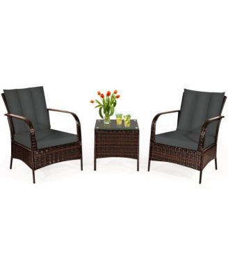 3 Pcs Patio Conversation Rattan Furniture Set with Glass Top Coffee Table and Cushions