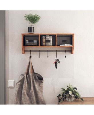 Rustic Coat Rack Wall Mounted Shelf With Hooks & Baskets, Entryway Organizer Wall Shelf With 5 Coat Hooks And Cubbies