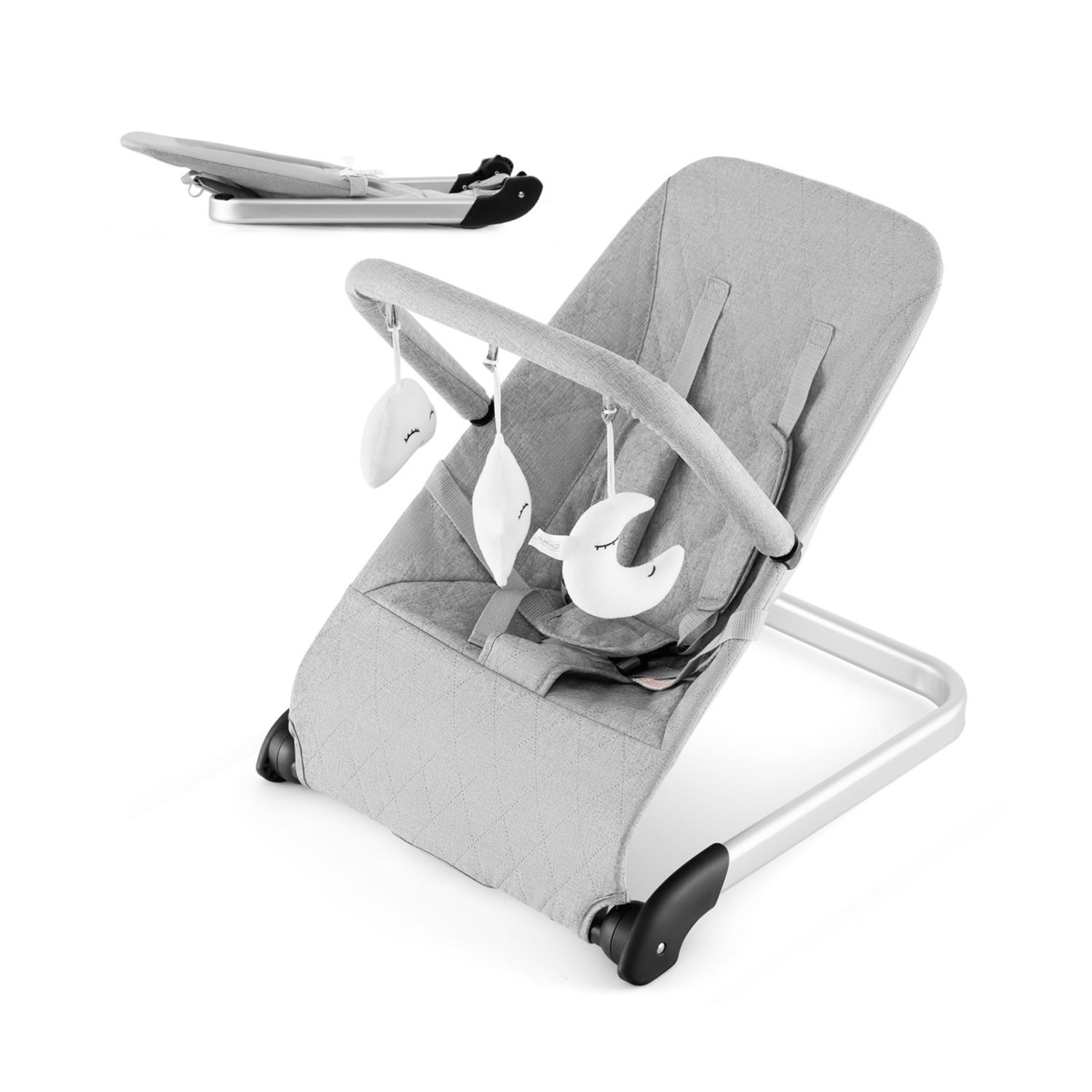 Foldable Infant Bouncer with Removable Fabric Cover and Activity Toy Bar-Grey