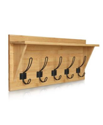 Rustic Wall-Mounted Coat Rack Shelf, 24" Solid Pine Wood with Hooks, Country Style for Entryway, Kitchen & Bathroom