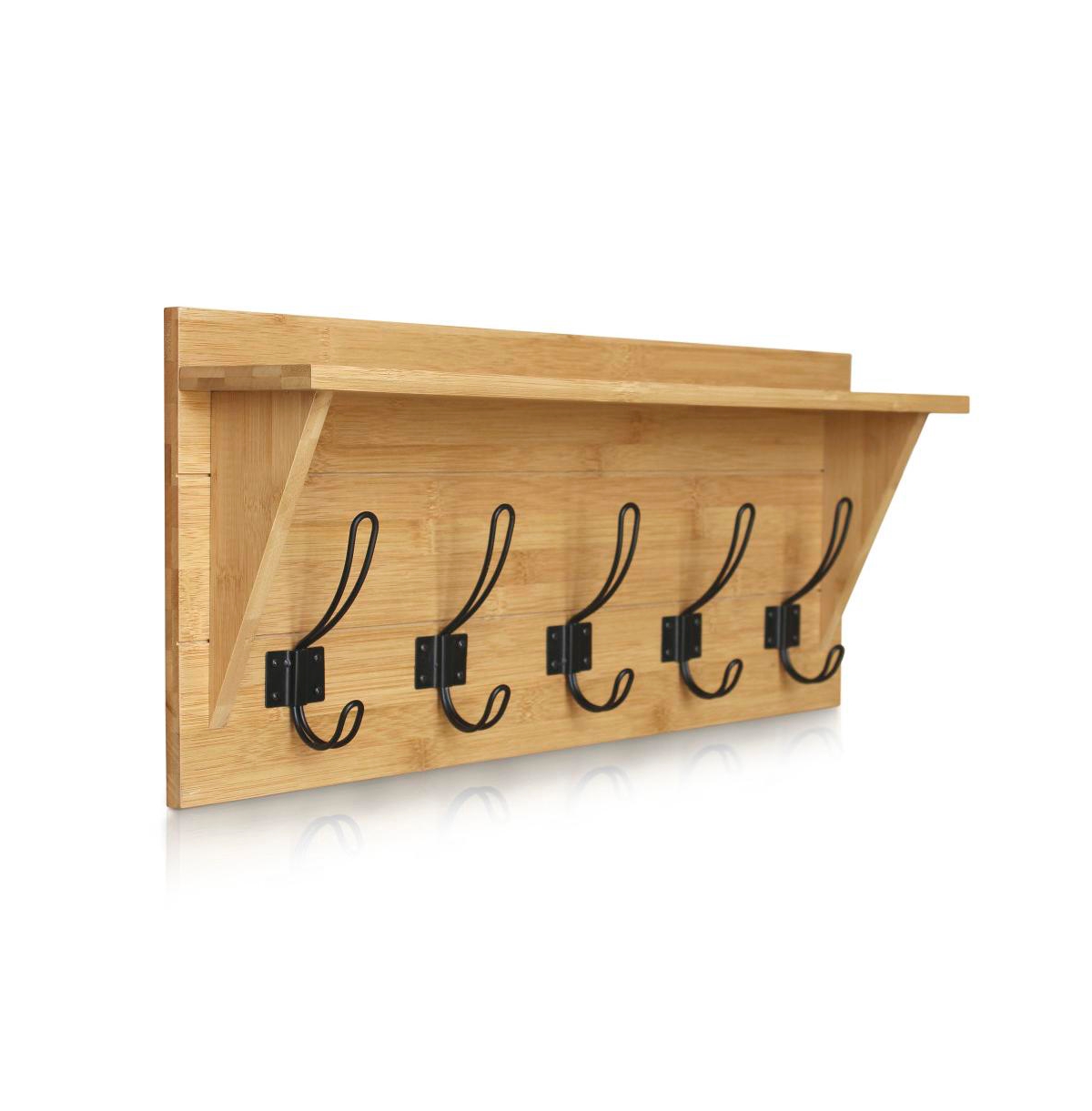 Rustic Wall Mounted Coat Rack Shelf - Wooden Country Style Entryway Shelf With Hooks - Solid Pine Wood - For Entryway, Kitchen, Bathroom