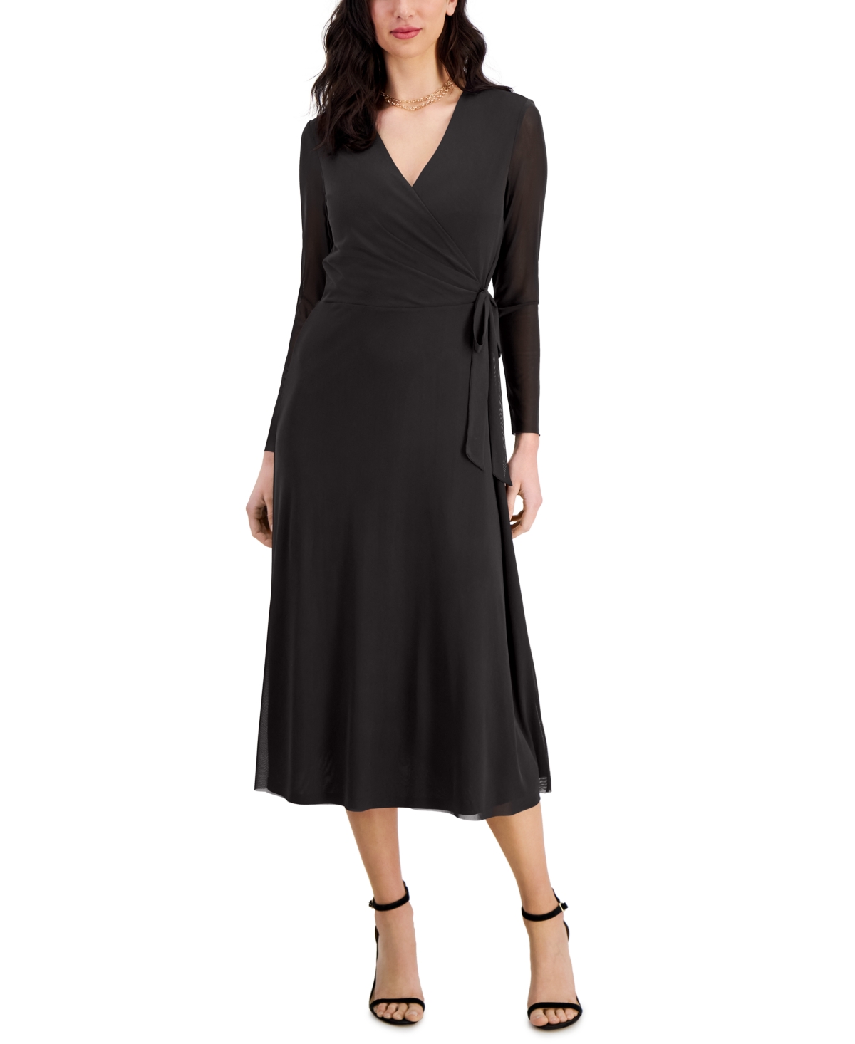 Shop Anne Klein Women's Faux-wrap Mesh-sleeve Midi Dress In Anne Black