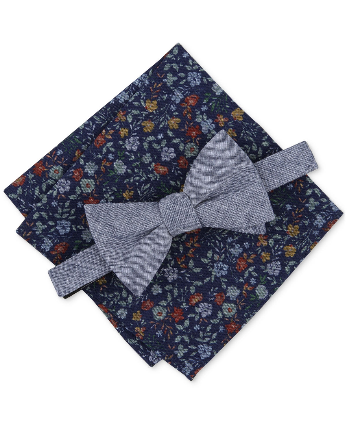 Men's Kanupp Solid Bow Tie & Floral Pocket Square Set, Created for Macy's - Navy
