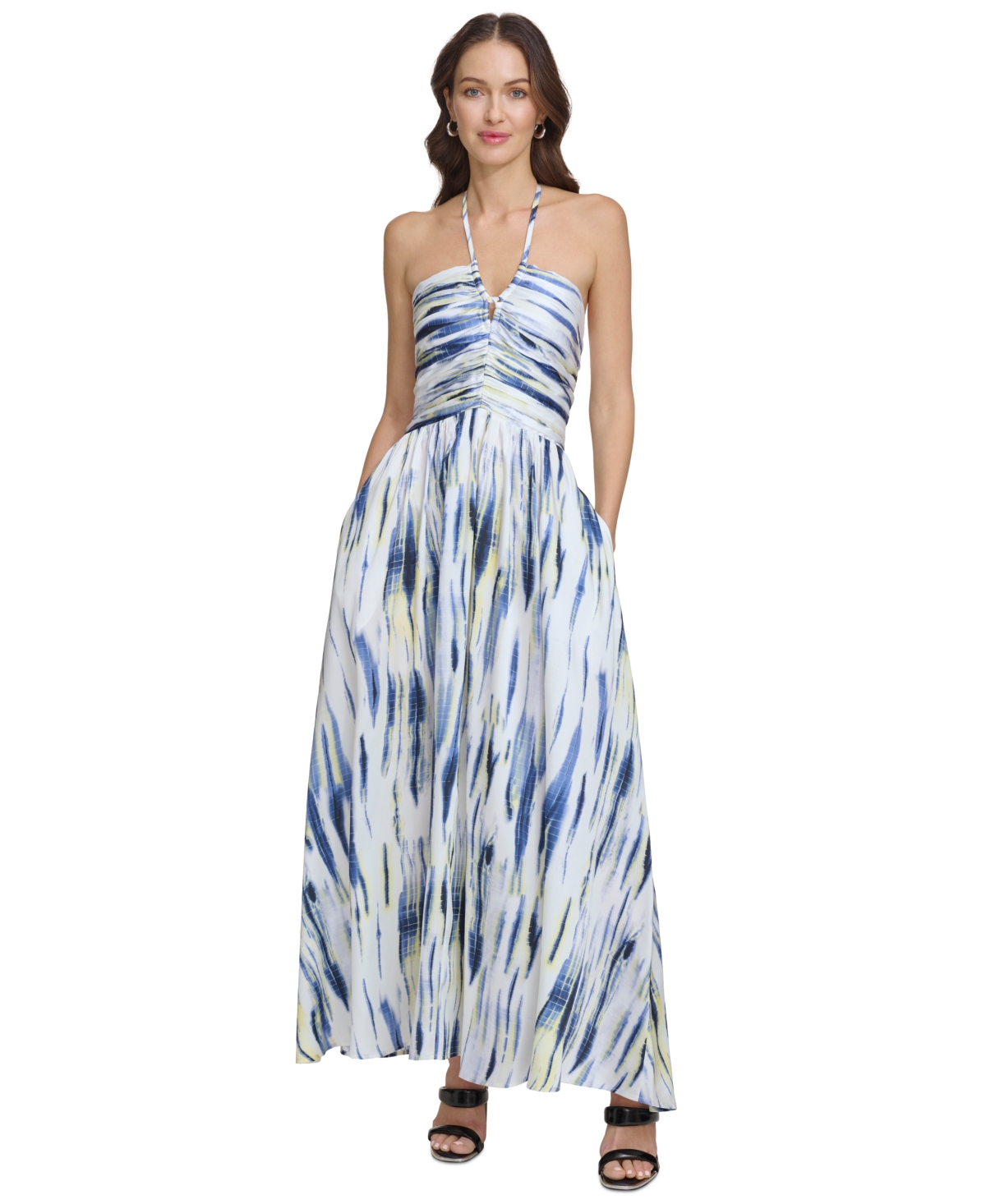 Shop Dkny Women's Strappy Printed Maxi Dress In White,inky Blue Multi