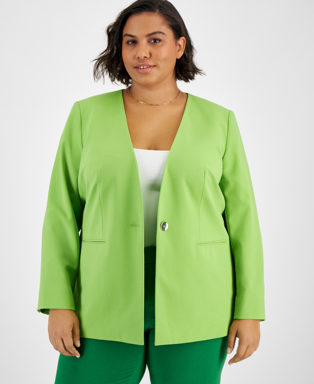 Plus Size Bi-Stretch Collarless One-Button Blazer, Created for Macy's - Green Apple