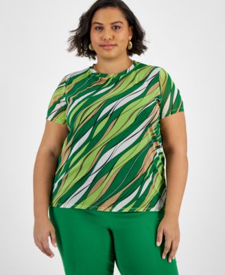 Bar III - Plus Size Abstract-Print Mesh Short-Sleeve Top