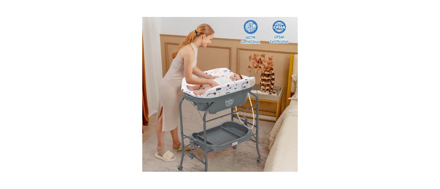 Portable Baby Changing Table with Storage Basket and Shelves