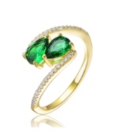 Sterling Silver 14K Gold Plated and Double Cubic Zirconia Bypass Engagement Ring - Green