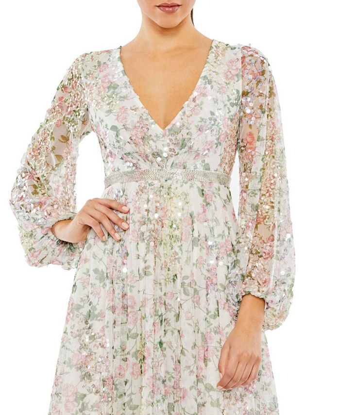 Mac Duggal Women's Embellished Floral Print Faux Wrap A Line Dress - Macy's
