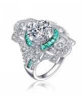 Sterling Silver White Gold Plated with Colorful Baguette Cubic Zirconia Cocktail Ring - Green